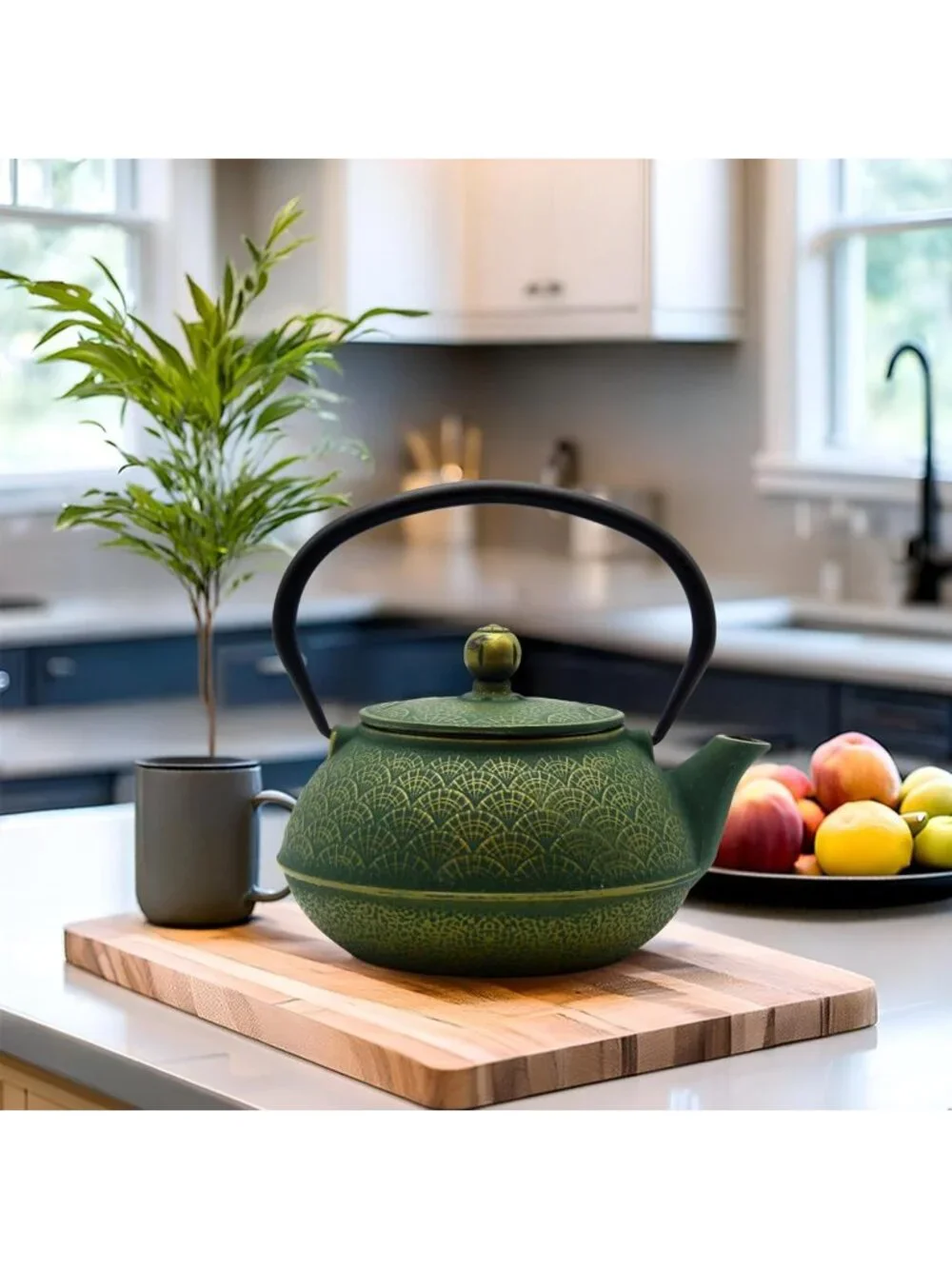 Green Cast Iron Teakettle 900ml Enameled Interior Stovetop Safe Kitchen Teapot